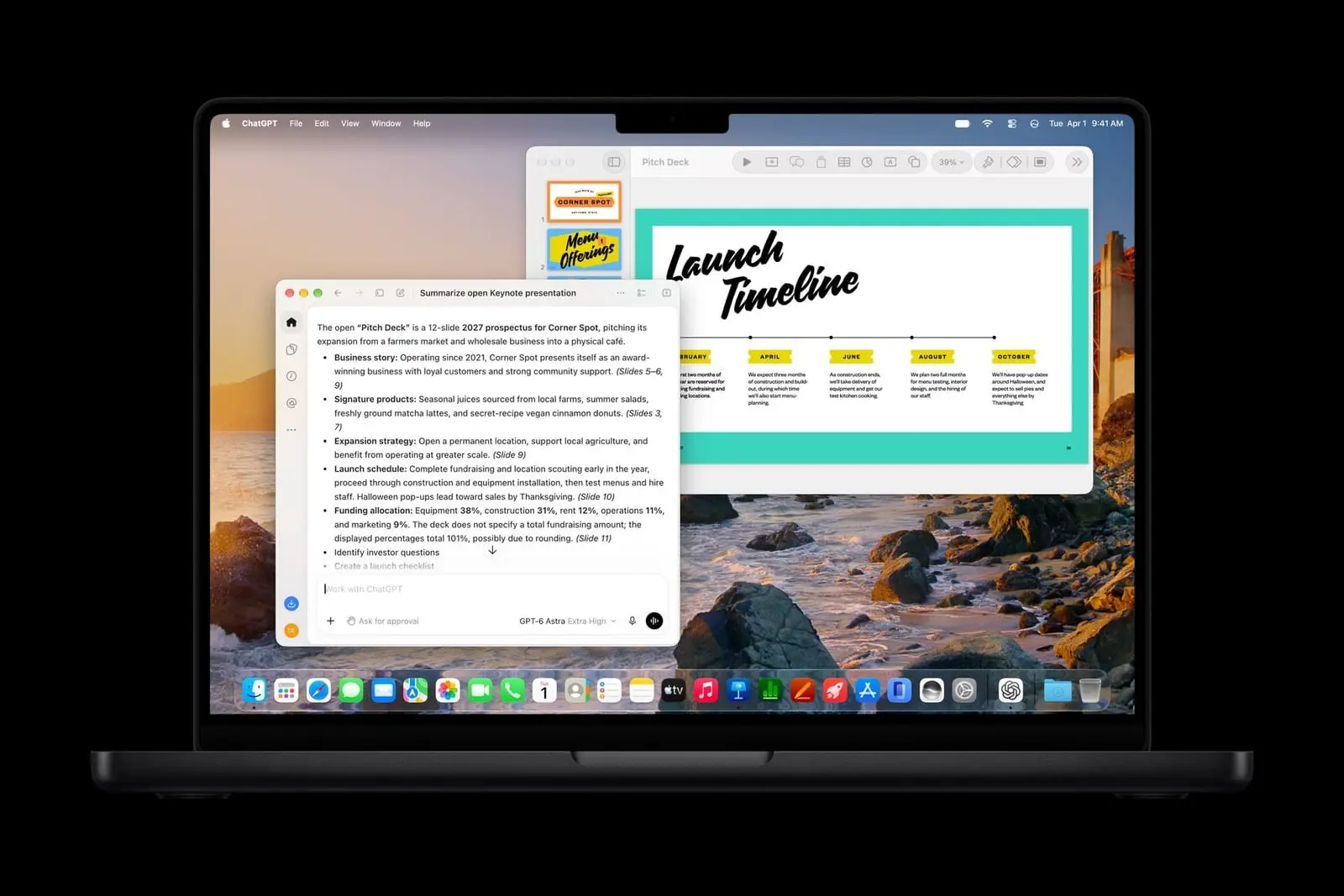 A MacBook Pro screen showing a Keynote pitch deck next to a ChatGPT window that summarizes the open presentation slide by slide.