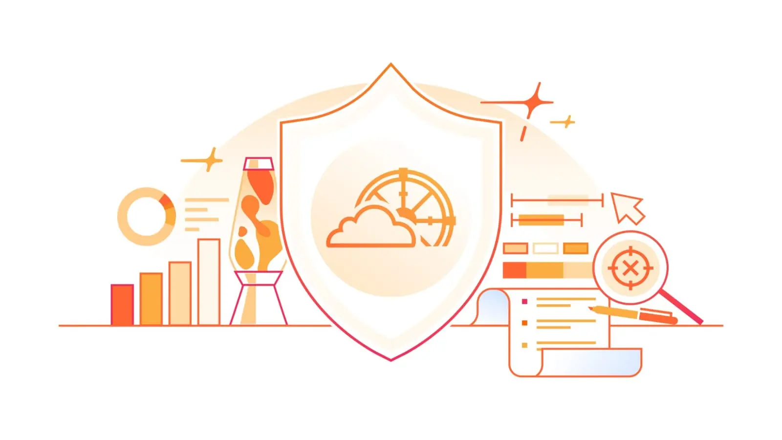 Illustration of a shield with a cloud and gauge icon, flanked by bar charts and a report scroll under a magnifying glass.