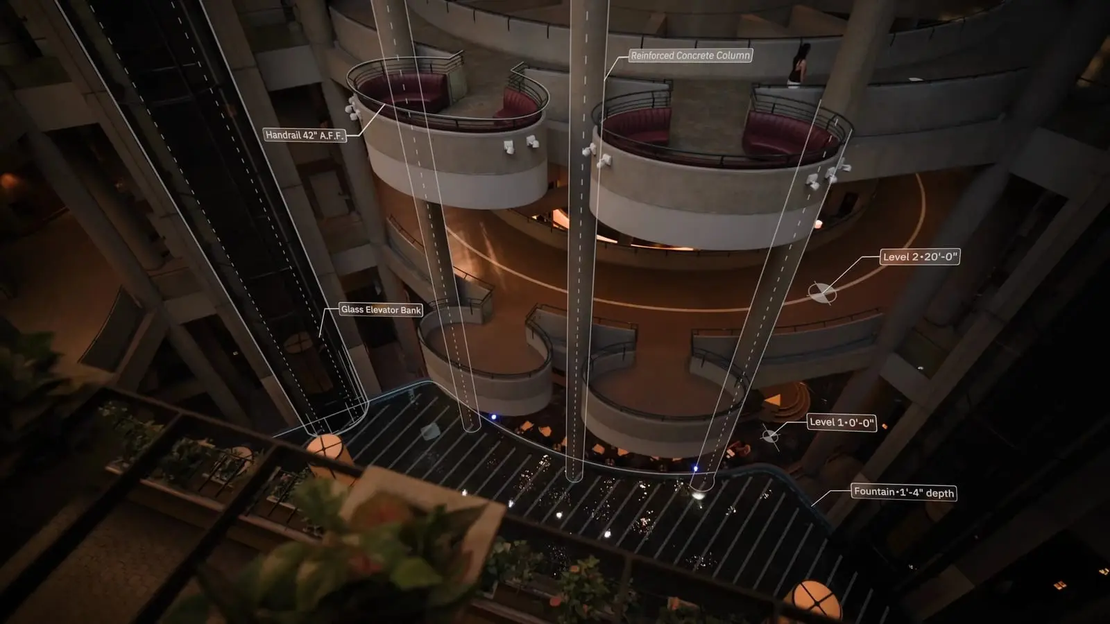 A multi-storey atrium with curved balconies and concrete columns, overlaid with labels for columns, handrail height and floor levels.