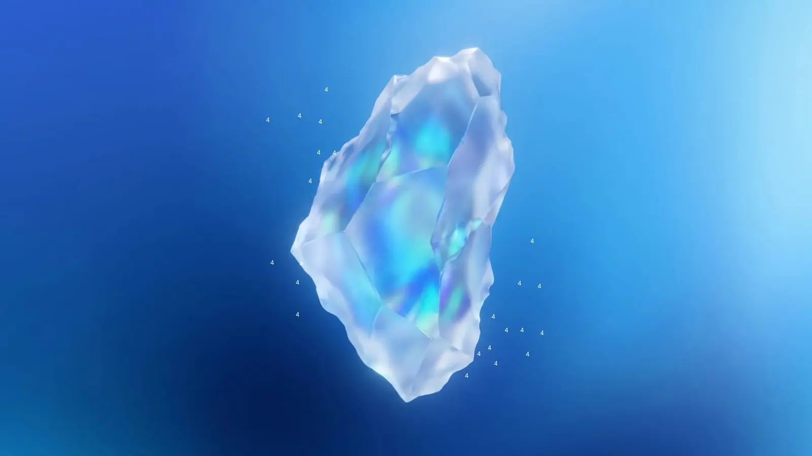 A translucent, crystal-like rock floating against a blue gradient background with small number 4 symbols around it.