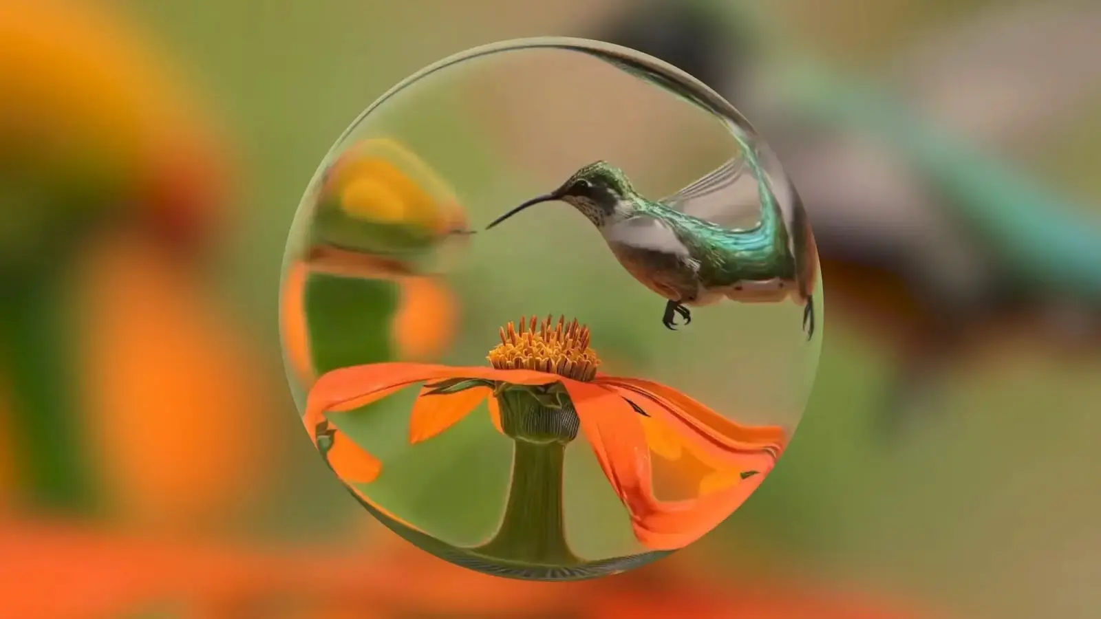 A hummingbird hovering over an orange flower, seen through a clear glass sphere against a blurred green and orange background.
