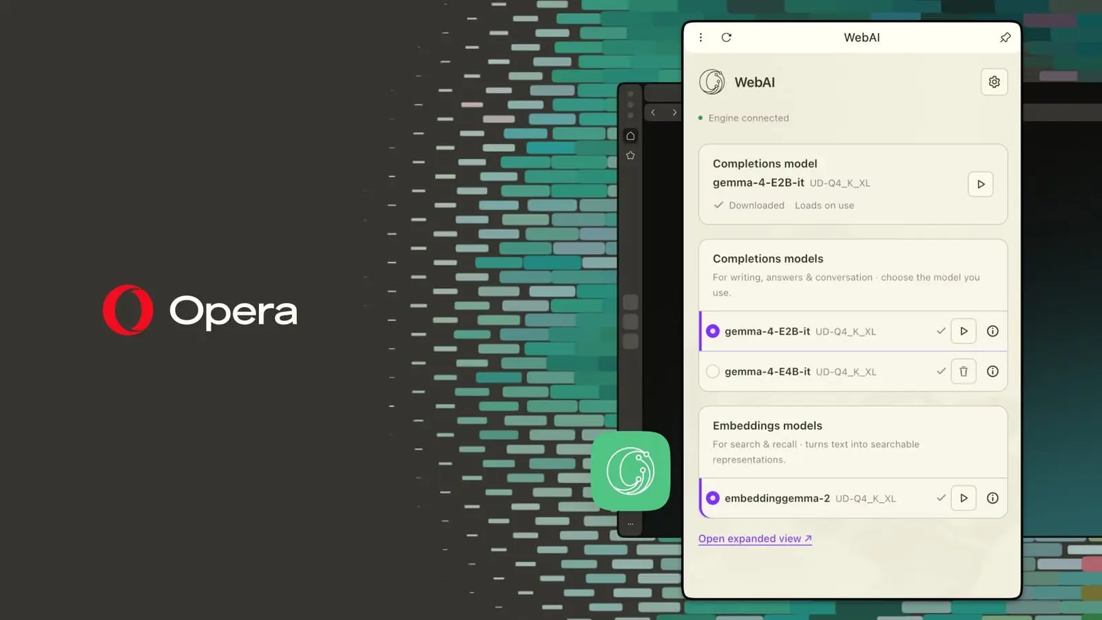 Opera logo next to a WebAI settings panel listing downloaded Gemma 4 completion models and an EmbeddingGemma model.
